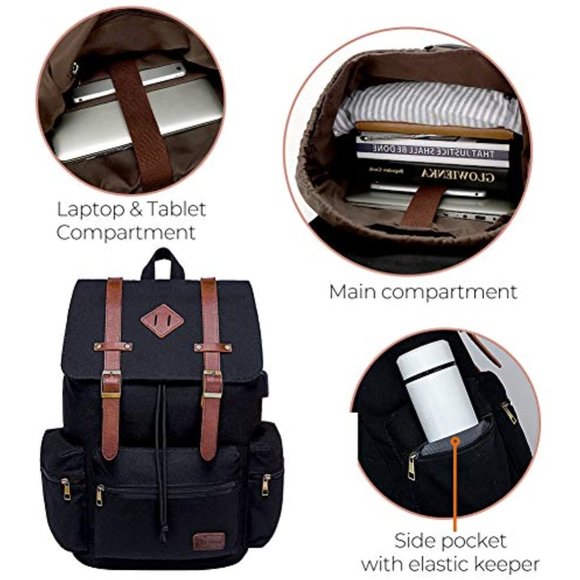 Mens Canvas Vintage Backpack for Men, Travel Laptop Backpack Fits 17/15.6 Inch - Picture 9 of 11